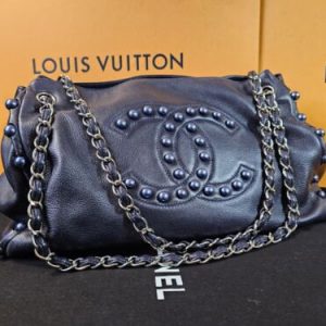 CHANEL Lambskin Leather Pearl Chain Handbag Navy Blue