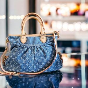 LOUIS VUITTON Blue Denim GM Handbag Monogram Shoulder Tote Handbag Bag