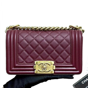 CHANEL BOY Small Flap Burgundy Quilted Lambskin Gold HW Bag