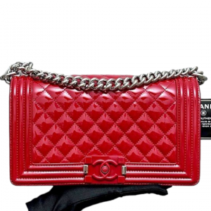 CHANEL BOY Medium Red Patent Leather SHOULDER CHAIN Handbag Authentic Mint