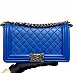 CHANEL BOY Medium Blue Leather SHOULDER CHAIN Handbag Authentic Mint