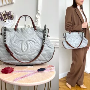 CHANEL Authentic Tote Leather Gray And Brown Shoulder Chain Hobo Bag 16097418