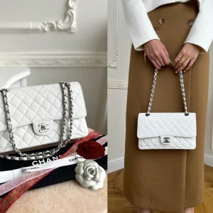 CHANEL Authentic Classic Double Flap Caviar White Leather Medium Silver HWR Bag