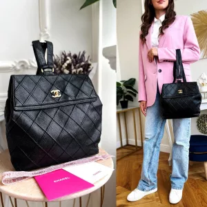 CHANEL Authentic Backpack Black Leather Caviar Vintage CC Quilted Matelasse