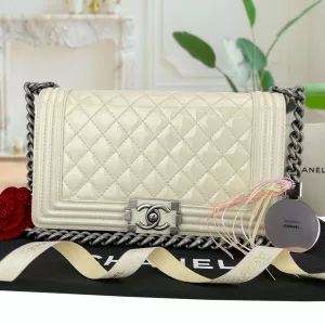 CHANEL Authentic Old Boy Patent White Quilted Crossbody Ruthenium HWR Clutch Bag