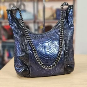 GUCCI Authentic Rare Exotic Python Leather Tote Hobo Large Metallic Blue Handbag