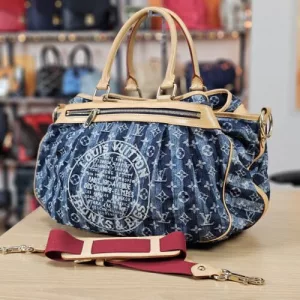 LOUIS VUITTON GM Blue Denim Travel Shoulder Bag Monogram Lightweight Carry ON