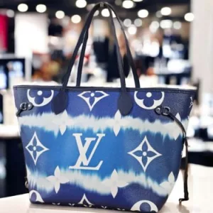 LOUIS VUITTON Denim BLUE Authentic Neverfull MM Giant Shoulder Tote Monogram