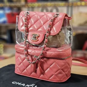 CHANEL 100% Authentic Pink Quilted Leather Clear Backpack Handbag Collectible