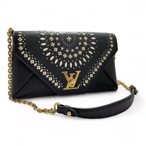 LOUIS VUITTON Black Floral Perforated Leather Stud Chain Shoulder Crossbody Bag