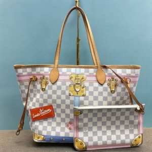 LOUIS VUITTON Neverfull Ltd Edtn Damier Azur MM Pink Trunk Tote Pouch Set Bag
