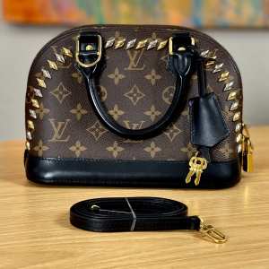 LOUIS VUITTON LV Alma BB Studded Stones Metal Macassar Bag Shoulder Handbag