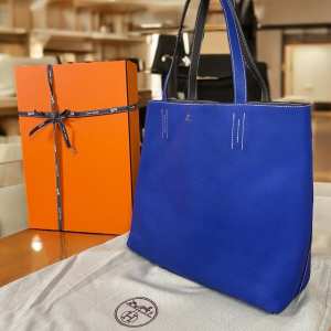 HERMES Auth Double Sens Tote Reversible Clemence 45 Leather +Box Dust Bag Ribbon