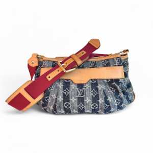 LOUIS VUITTON Denim Raye Porte Epaule MM Denim Blue Stripe Leather Bag LV