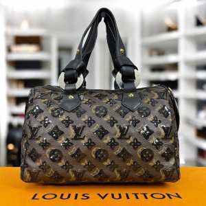 LOUIS VUITTON Eclipse Speedy 28 Sequin Black Noir Leather LV Monogram +Dust Bag