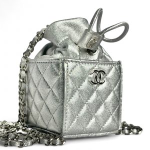 CHANEL Mini Shoulder Quilted Chain Bag Bucket Silver + Box Dust Bag Tags