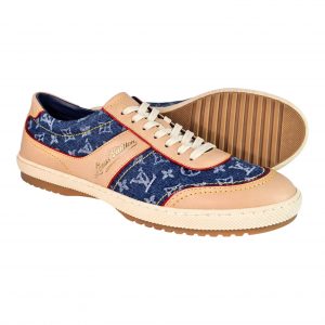 LOUIS VUITTON Womens Sneakers Denim LV Monogram Leather Lace Up Shoes 37.5