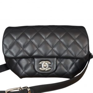CHANEL Black Quilted Leather Bum Bag Waist Belt Leather Silver CC Shoulder 2 Way