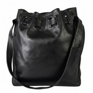 GUCCI Tom Ford Black Leather Drawstring Shoulder Bag Tote GG Double Straps Italy