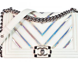CHANEL Medium Iridescent Chevron Boy Bag White Leather Silver Shoulder Strap CC