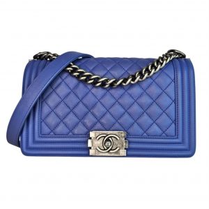 CHANEL Medium Boy Calfskin Blue Chain Shoulder Bag Leather Quilted CC