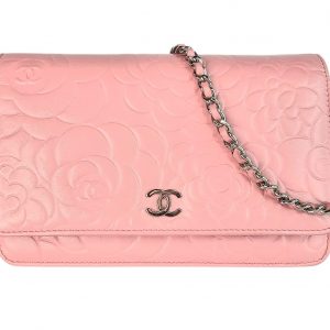CHANEL Lambskin Camellia Embossed Wallet CC Chain WOC Pink Floral Shoulder Bag