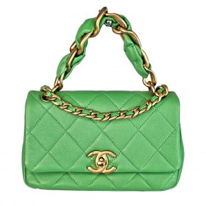 CHANEL Small Quilted Lambskin Chain Is More Flap Green Gold 2 Way Shoulder Bag