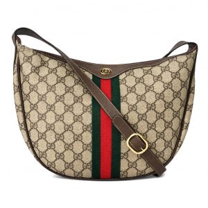 GUCCI Ophidia Half Moon Hobo GG Coated Canvas Monogram Shoulder Bag Web Stripe
