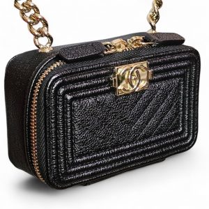 CHANEL Boy Micro Black Leather Caviar Chevron Quilted Chain Shoulder Bag Box CC
