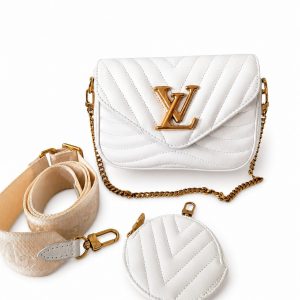 LOUIS VUITTON New Wave Chain Bag PM White Quilted Leather Crossbody Chain Purse